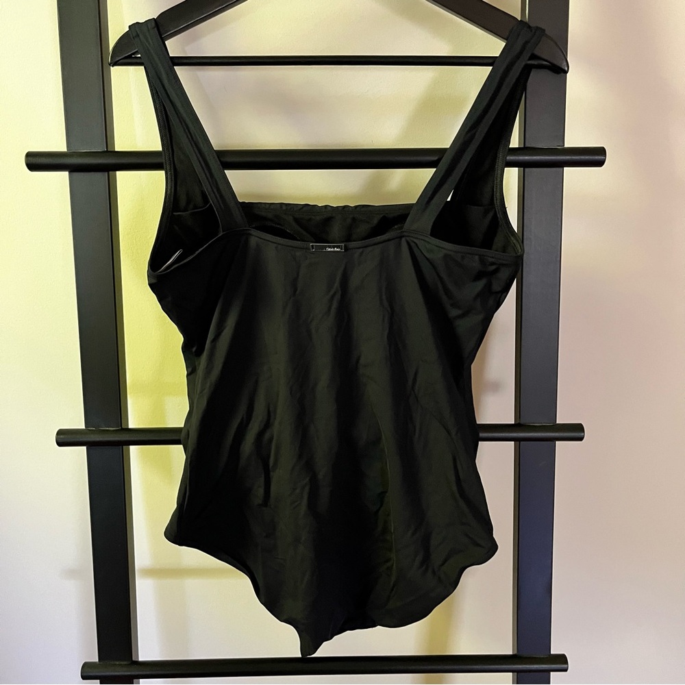 Calvin Klein Black Pleated Top One Piece Swimsuit Square Neck Shelf Bra Size 10 - Picture 4 of 7